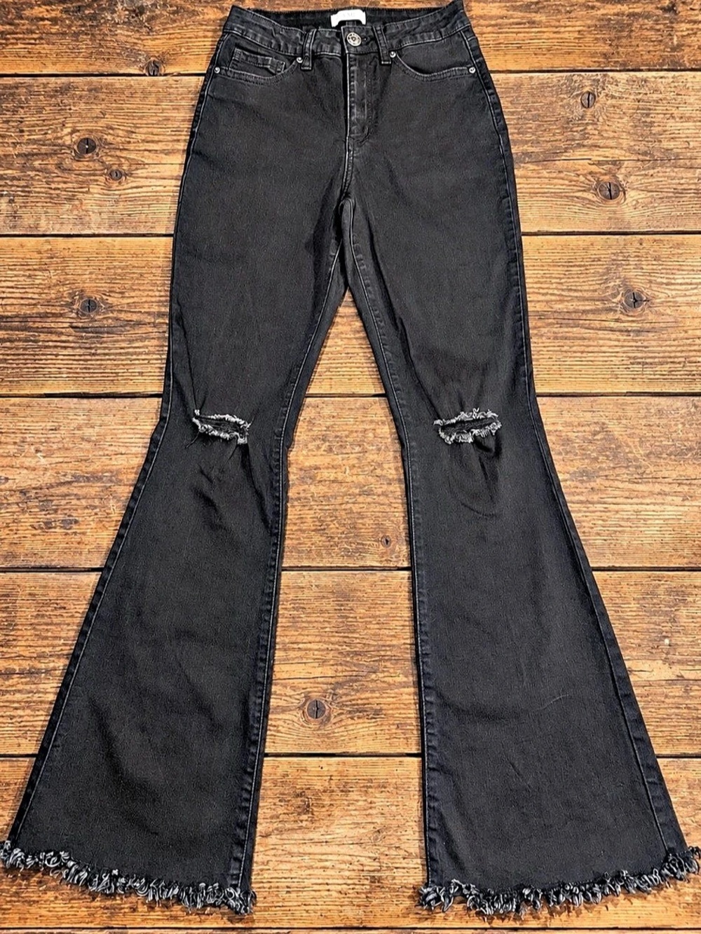 YMI Jeans Women’s 5/27 Black Flare Jeans Distressed Ripped Frayed Hem